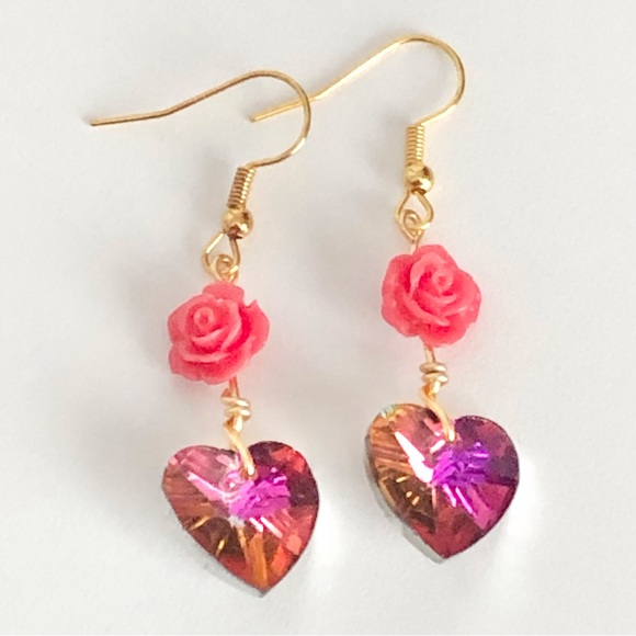 New Rose Prism Glass Crystal Heart Handmade Dangle Drop Earrings 18k Plated Hook - Picture 4 of 7